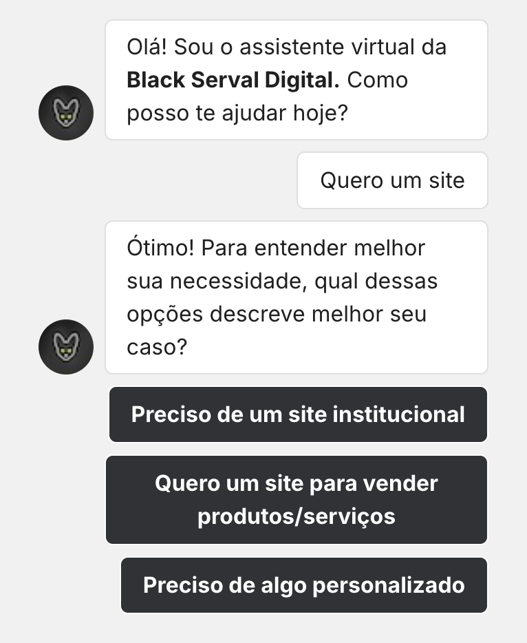 Interface do chatbot de atendimento da Black Serval Digital