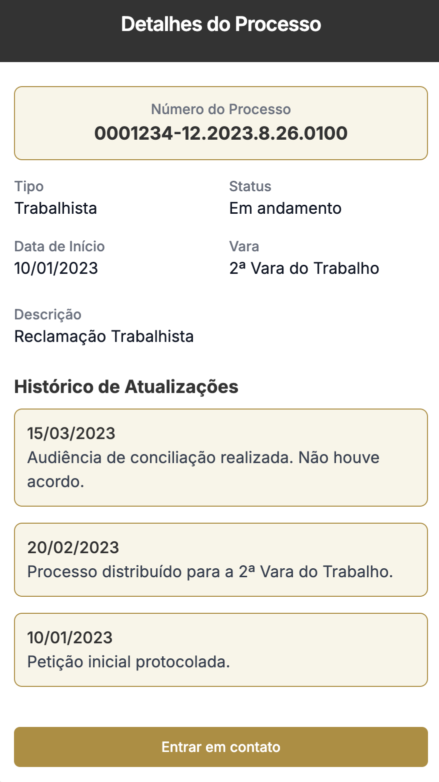Interface de acompanhamento processual jurídico